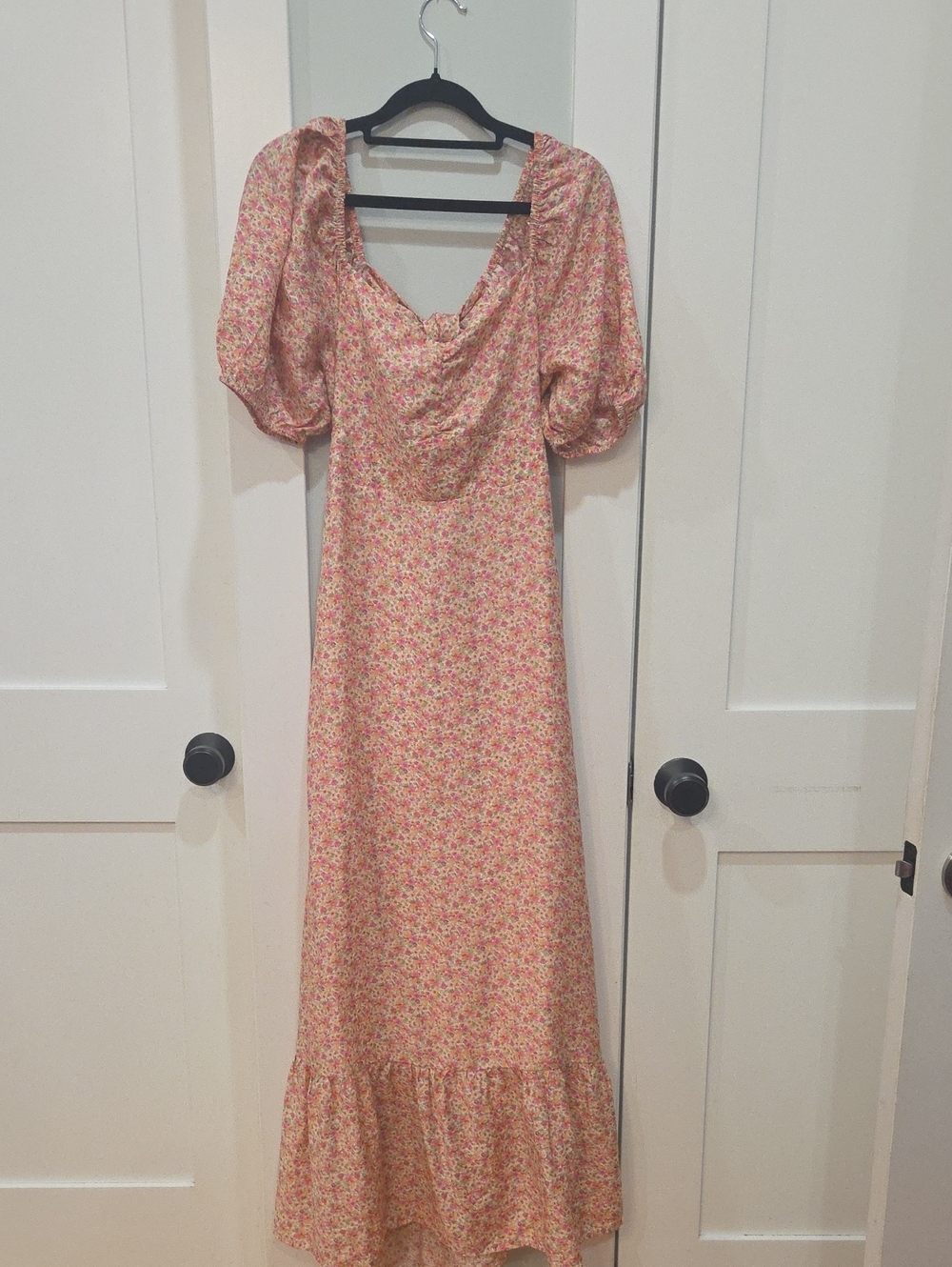 Blu Pepper Pink Floral Square-Neck Maxi Dress with Puff Sleeves